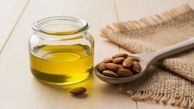 Jar of oil and wooden spoon with almonds on a table with a burlap cloth.