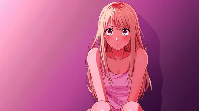 Stunning anime artwork of a shy and emotional girl in tears, set against a gradient color background.