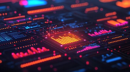 Futuristic Data Visualization Interface with Colorful Graphs and Charts