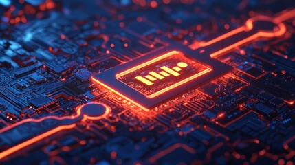 Abstract Circuit Board Design with Glowing Orange Elements