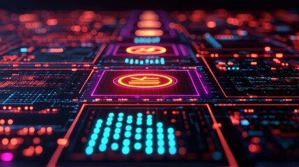 Abstract Digital Technology Background with Glowing Circuits and Icons