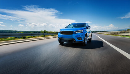 Fototapeta premium Sleek Metallic Blue SUV Zooming on a Spacious Highway