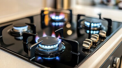 Modern Gas Stove with Flames Ignited in Bright Kitchen Environment