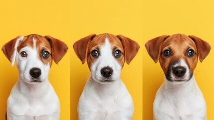 Three adorable dogs stand out against a bright yellow pastel backdrop, showcasing their playful spirit and charm.