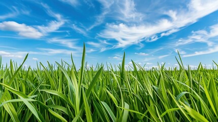 Obraz premium Soothing scene of lush green grass beneath a vast blue sky, creating a serene and vibrant ambiance for relaxation.