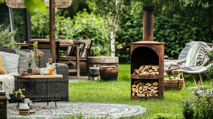 Naklejka premium Cozy Outdoor Living Space with Rustic Stove and Comfortable Seating