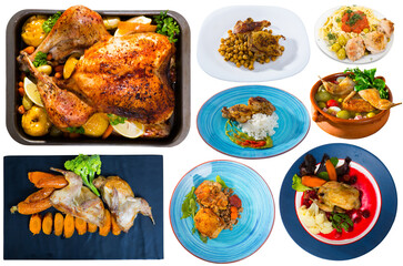 Tasty cooked dishes of fried chicken and baked quail with vegetables, garnish and greens isolated