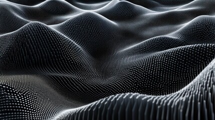 Fototapeta premium Abstract background with waves made of a lot of dark metallic silver cubes geometry primitive forms that goes up and down under black-white lighting. 3D illustration. 3D CG.