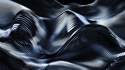 Fototapeta premium Abstract background with waves made of a lot of dark metallic silver cubes geometry primitive forms that goes up and down under black-white lighting. 3D illustration. 3D CG.
