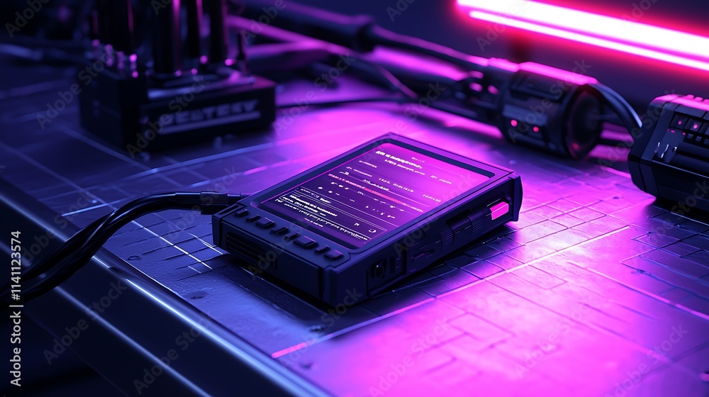 Poster Futuristic handheld device with digital display on metallic surface, illuminated by pink neon light.