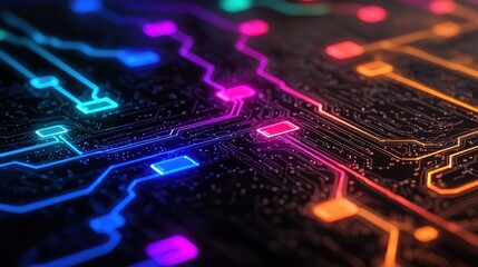 Obraz premium Colorful Abstract Circuit Board Design with Neon Light Effects