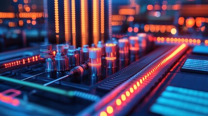 Futuristic Technology Circuit Board with Neon Lights and Components