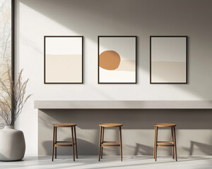 Modern bar area with abstract framed wall art and wooden stools in natural light