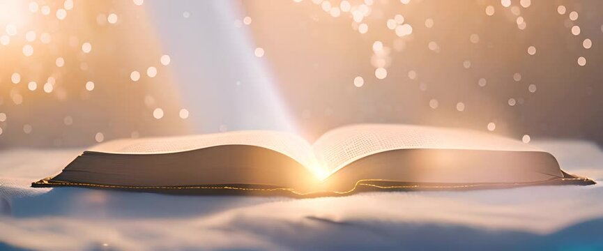 The Bible, the Holy Book, the Word of God, glowing with a divine light, surrounded by shimmering particles, floating gently in the air