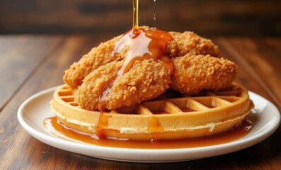 Delicious chicken and waffles with syrup