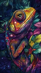 Vibrant Chameleon Among Tropical Rainforest Foliage