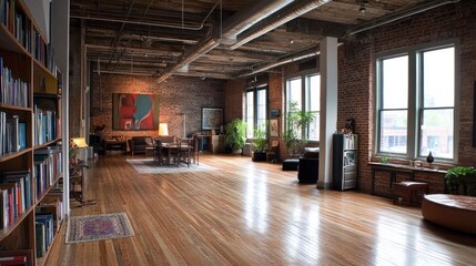 Spacious loft apartment with exposed brick walls, hardwood floors, large windows, and bookshelves.