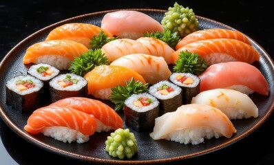 Delicious sushi assortment on black plate