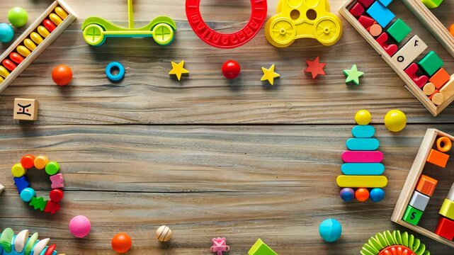 Adorable frame of baby and kids' toys set against a playful background, Ai Generated.