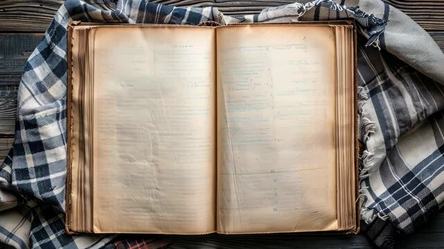 Vintage opened book with blank pages resting on table, Ai Generated