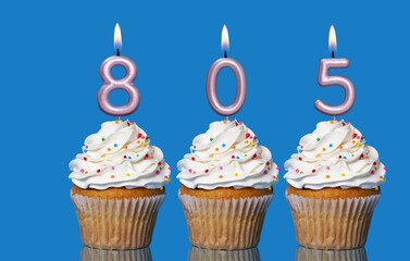 Birthday Cupcakes With Candles Lit Forming The Number 805