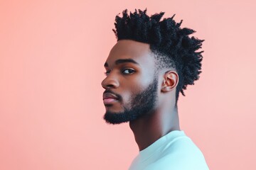 Stylish Young Man with Unique Hairstyle Posing Against a Soft Pink Background