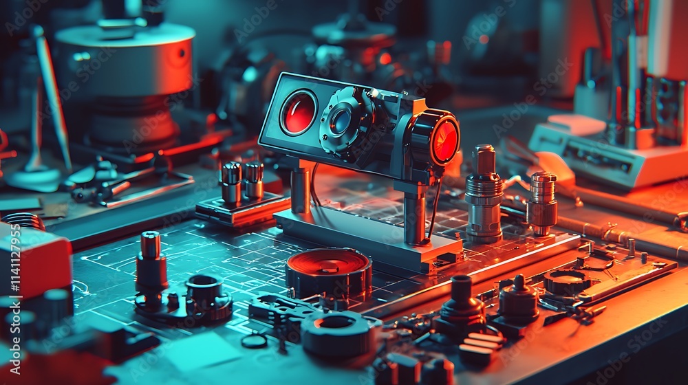Poster futuristic device on a cluttered workbench with vibrant lighting.