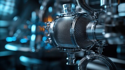 Fototapeta premium Innovation in epidemiology in health studies concept. A close-up of a shiny, metallic component within a complex machinery setup, showcasing intricate details and a futuristic design.