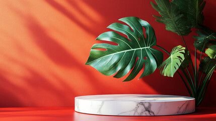 Obraz premium Red background green plant e-commerce product exhibition booth