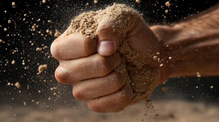 Muscle building tools for hand strength concept. A close-up of a hand clenching sand, creating fine particles that scatter in the air, capturing a moment of strength and connection with nature.
