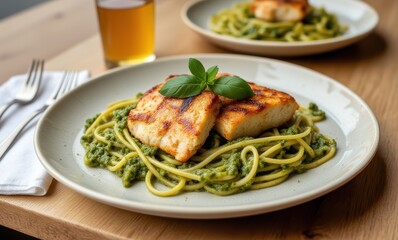Grilled fish atop pesto pasta dish