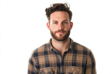 Obraz premium Portrait of a Confident Young Man in a Plaid Shirt Against a White Background