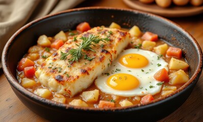 Delicious fish and eggs breakfast bowl
