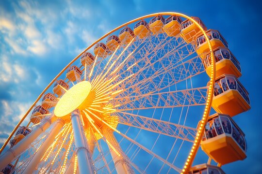 A vibrant Ferris wheel illuminated against a twilight sky, symbolizing fun and leisure.