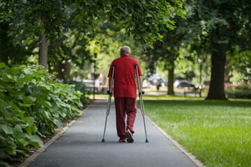 Man on crutches walks paved path, lush greenery surrounds peaceful park