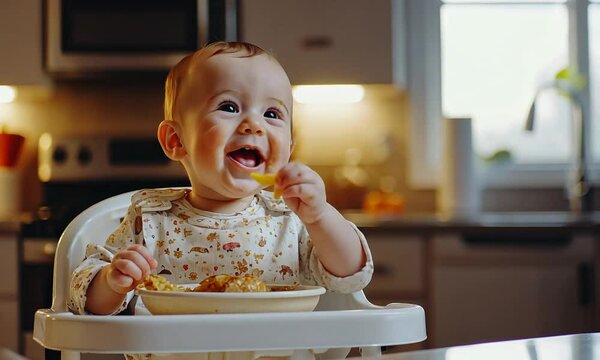 Happy Baby Enjoying Messy Meal in High Chair