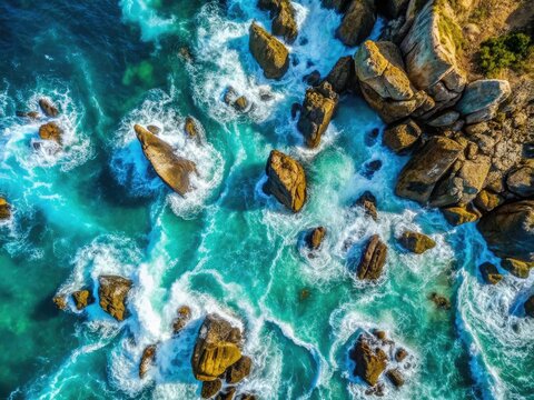 Crashing turquoise waves pummel rocky shores; a breathtaking aerial perspective.