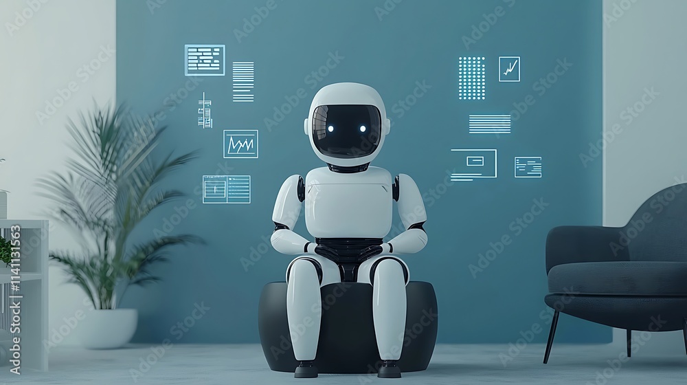Poster robot assistant in modern office, displaying digital data.