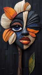 Intriguing wooden sculpture depicting a face emerging from a flower