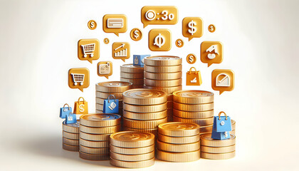 3D Stack of coins with floating discount tags and consumer symbols concept as A stack of shiny coins rises against a plain white background with floating discount tags and consumer symbols. The glossy