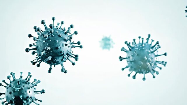 Virus animation, microscopic view of floating influenza virus cells, hologram futuristic bacterium virus cell in human body.