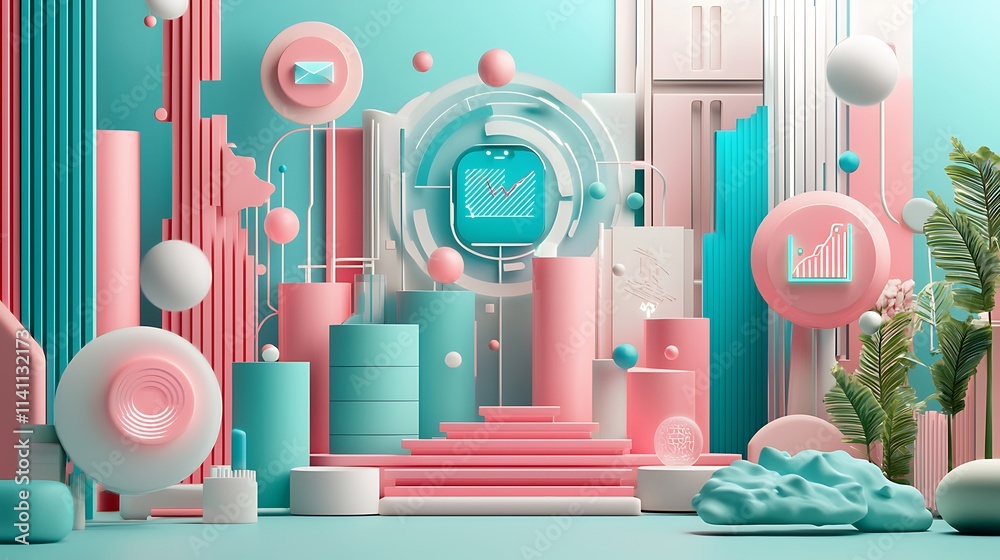 Poster abstract pastel background with 3d geometric shapes, icons, and graphs depicting business growth and