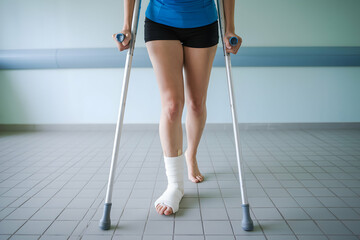 Crutches, blue top, bandaged foot, hospital like indoor environment highlights injury