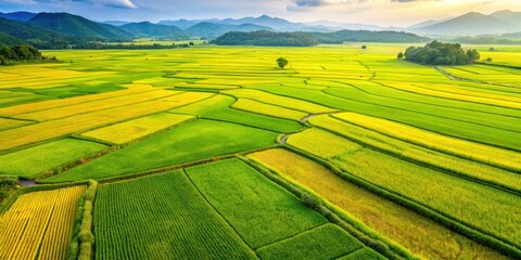 Top view of lush green and yellow rice fields in agricultural landscape , rice, agriculture, farm, landscape, green