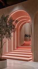 Fototapeta premium Modern minimalist staircase design with warm lighting and olive tree