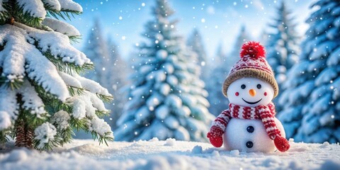 Cheerful snowman surrounded by snow-covered trees in a winter wonderland setting, snowman, cheerful, winter wonderland, snow-covered