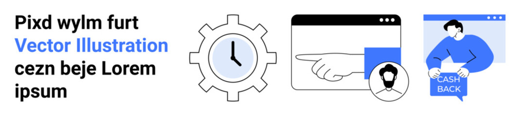 Gear icon with clock, hand clicking on web element, and person holding cashback sign. Ideal for business, technology, e-commerce, time management, customer service, marketing, and financial services