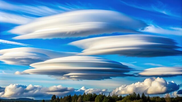 Lenticular clouds floating in the blue sky , lenticular clouds, weather phenomenon, atmospheric, nature