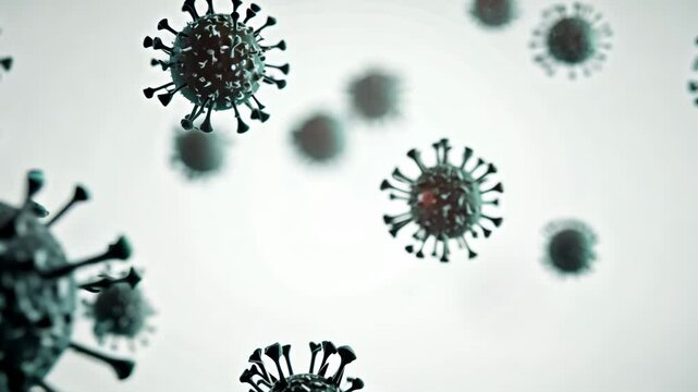 Virus animation, microscopic view of floating influenza virus cells, hologram futuristic bacterium virus cell in human body.