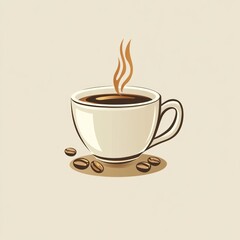 Obraz premium A steaming cup of coffee with coffee beans beside it, representing warmth and energy.